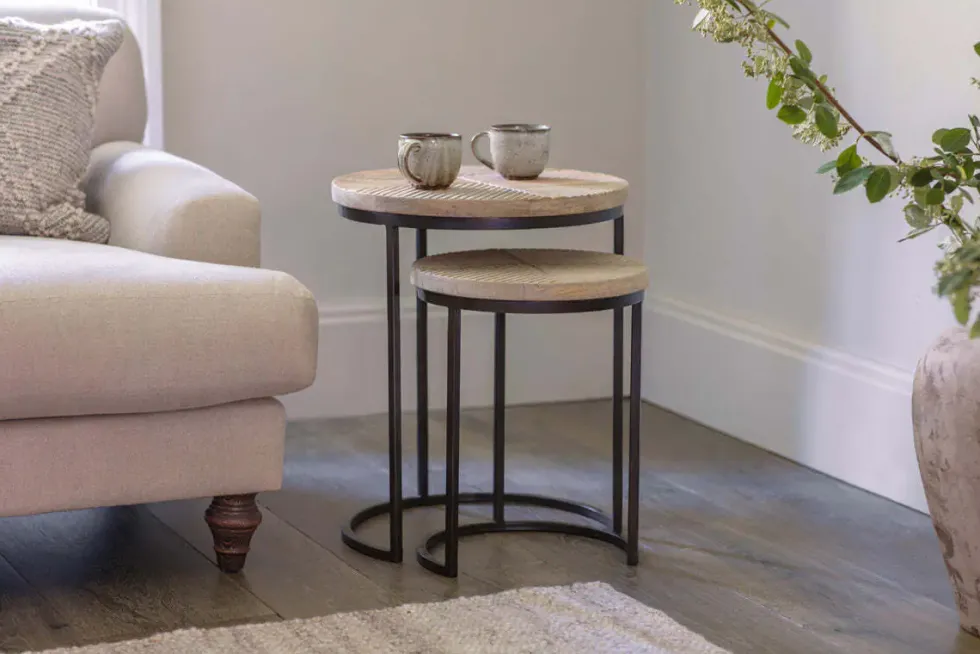 Aasha Carved Mango Wood & Iron Nesting Side Tables - Natural - (Set of 2)
