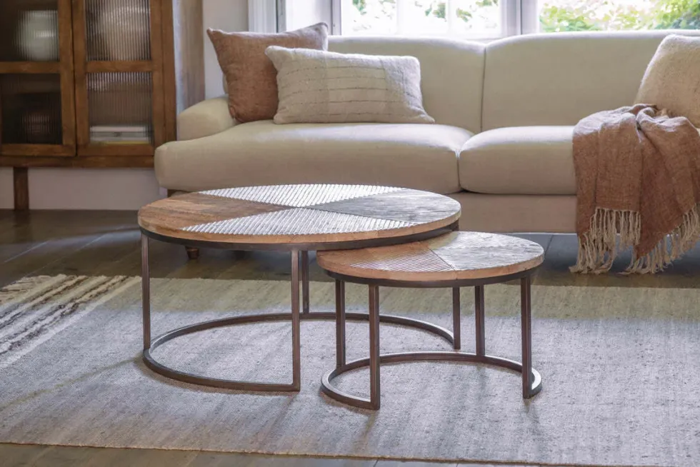 Aasha Carved Mango Wood & Iron Nesting Coffee Tables - Natural - (Set of 2)