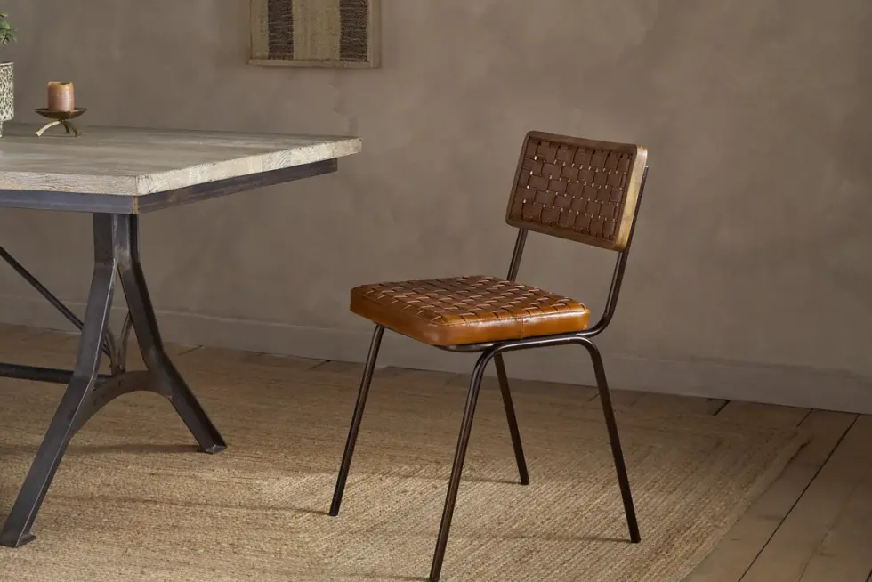 Amala Leather Weave & Iron Dining Chair - Aged Tan
