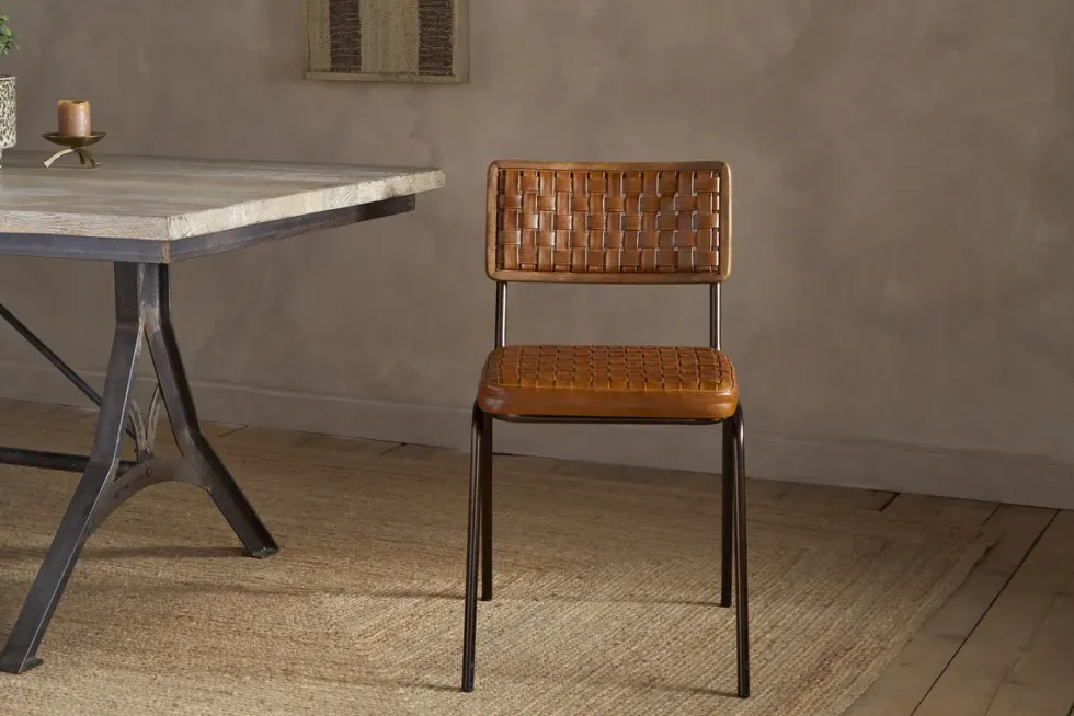 Amala Leather Weave & Iron Dining Chair - Aged Tan