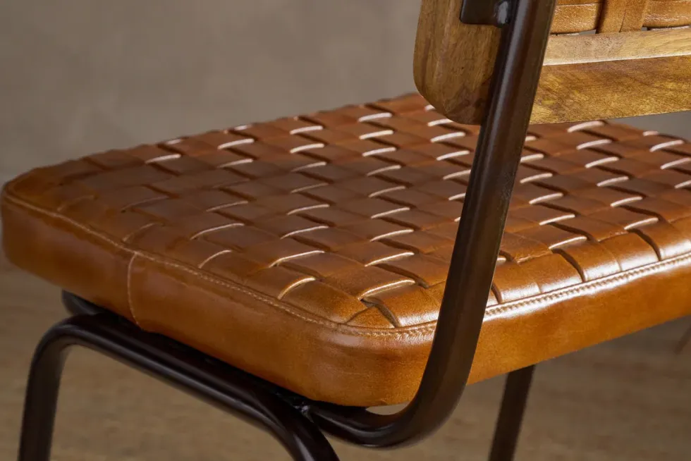 Amala Leather Weave & Iron Dining Chair - Aged Tan