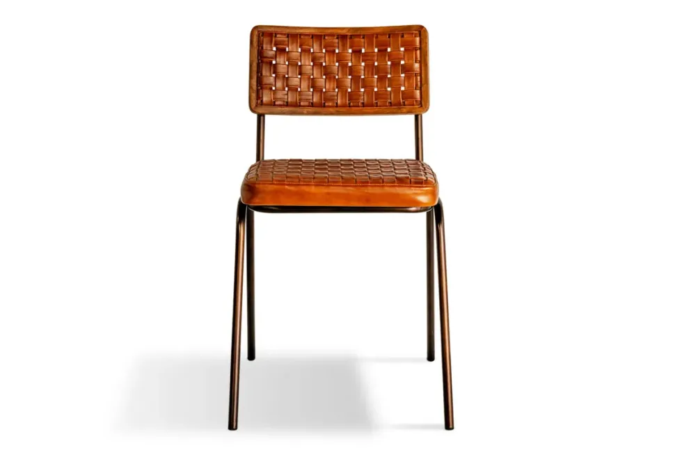 Amala Leather Weave & Iron Dining Chair - Aged Tan