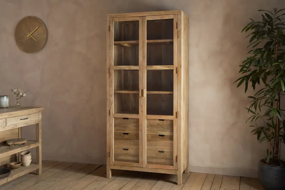 Artha Mango Wood & Glass Tall Cabinet - Natural