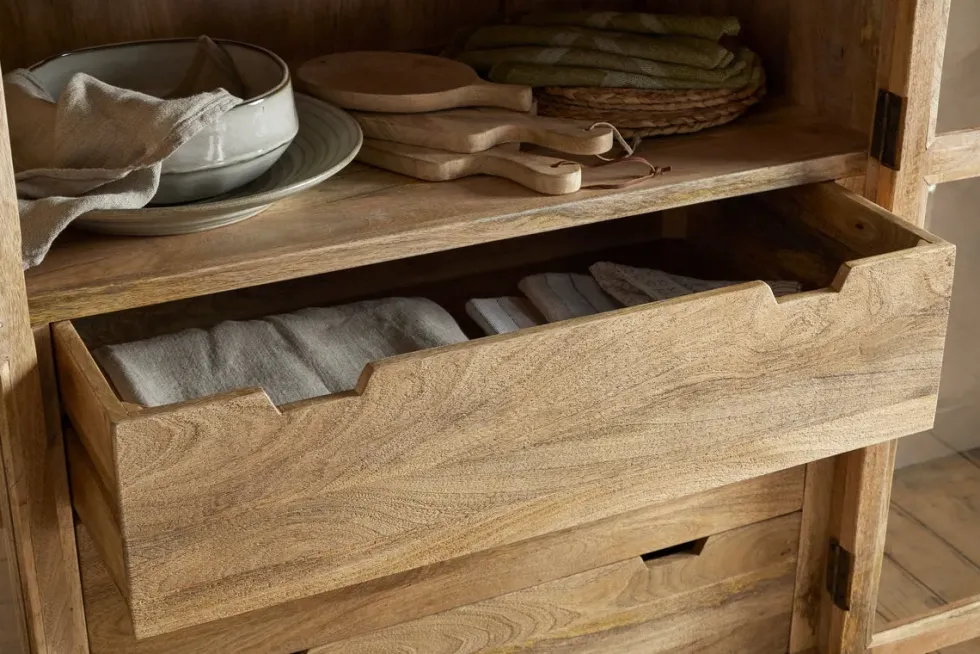 Artha Mango Wood & Glass Tall Cabinet - Natural