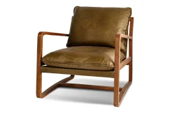 Baloo Acacia Wood & Leather Occasional Chair - Olive Green