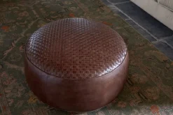 Farida Leather Weave Pouf - Chocolate Brown
