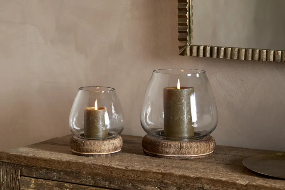 Ika Mango Wood & Recycled Glass Lantern - Natural & Clear