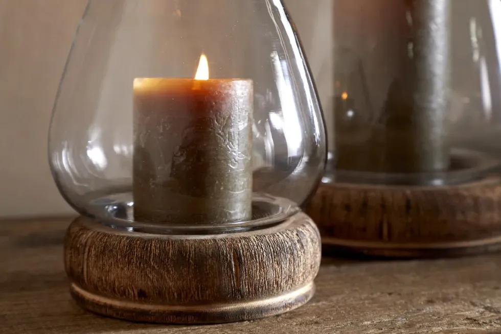 Ika Mango Wood & Recycled Glass Lantern - Natural & Clear