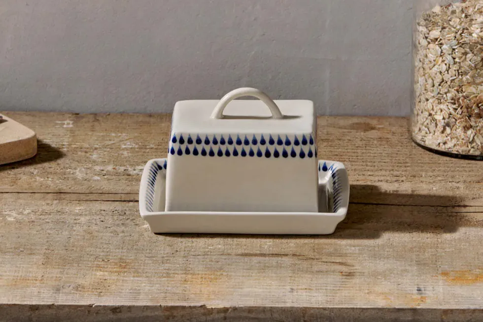 Indigo Drop Butter Dish - Cream & Indigo