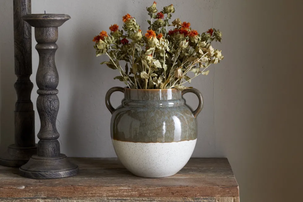 Inha Reactive Glaze Vase - Dark Olive & Natural