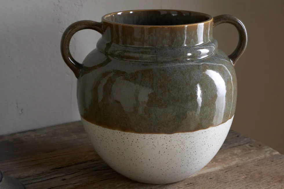 Inha Reactive Glaze Vase - Dark Olive & Natural