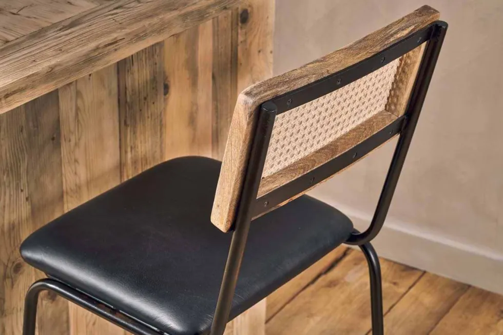 Iswa Leather & Cane Counter Chair - Aged Black