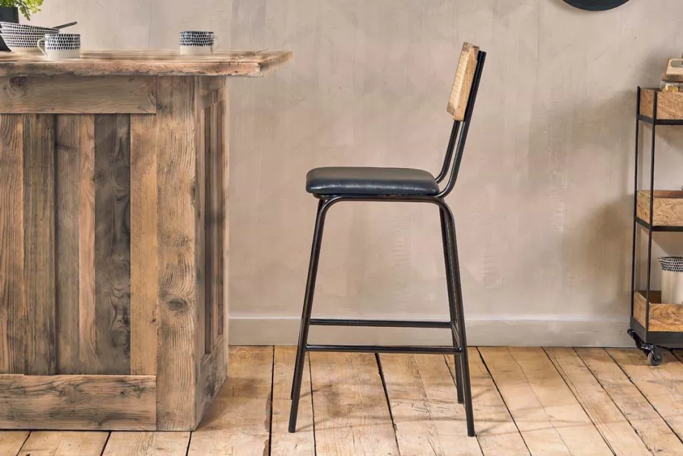 Iswa Leather & Cane Counter Chair - Aged Black