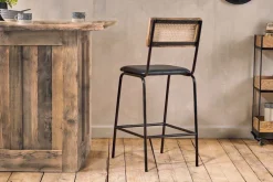 Iswa Leather & Cane Counter Chair - Aged Black