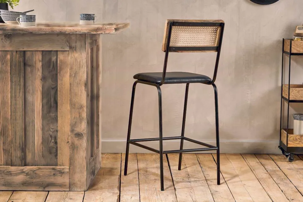Iswa Leather & Cane Counter Chair - Aged Black