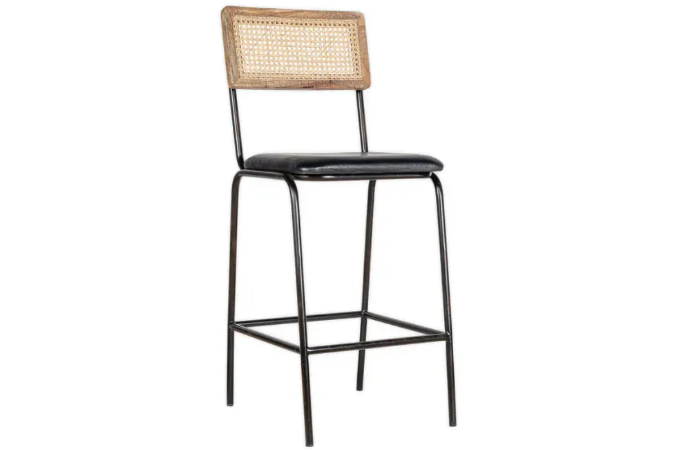 Iswa Leather & Cane Counter Chair - Aged Black