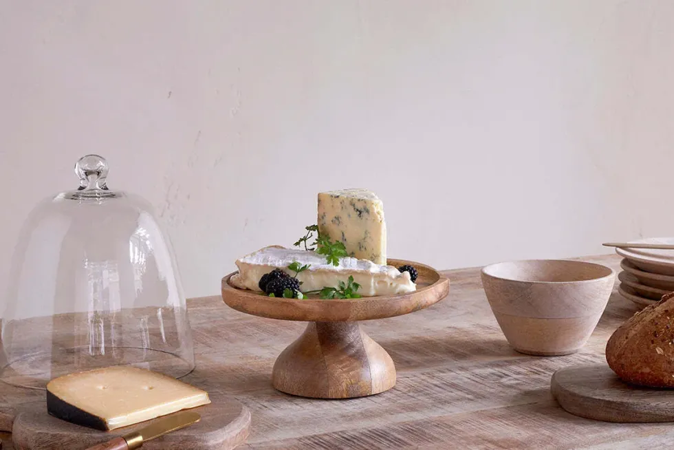 Kannati Mango Wood & Glass Cheese Stand - Clear