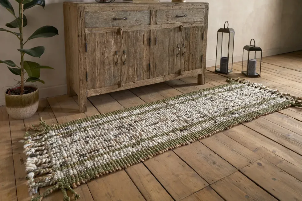Kanta Jute & Textural Tweed Runner - Olive Green