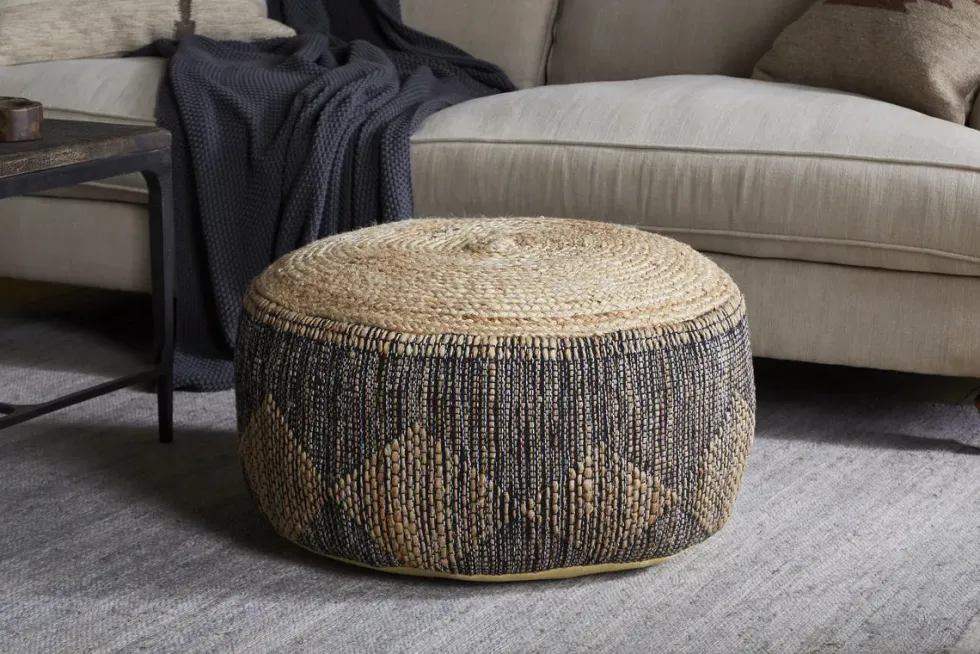Kapil Jute Round Pouf - Charcoal