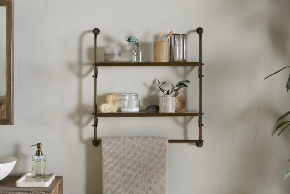 Karura Wall Shelves with Towel Rail - Antique Brass