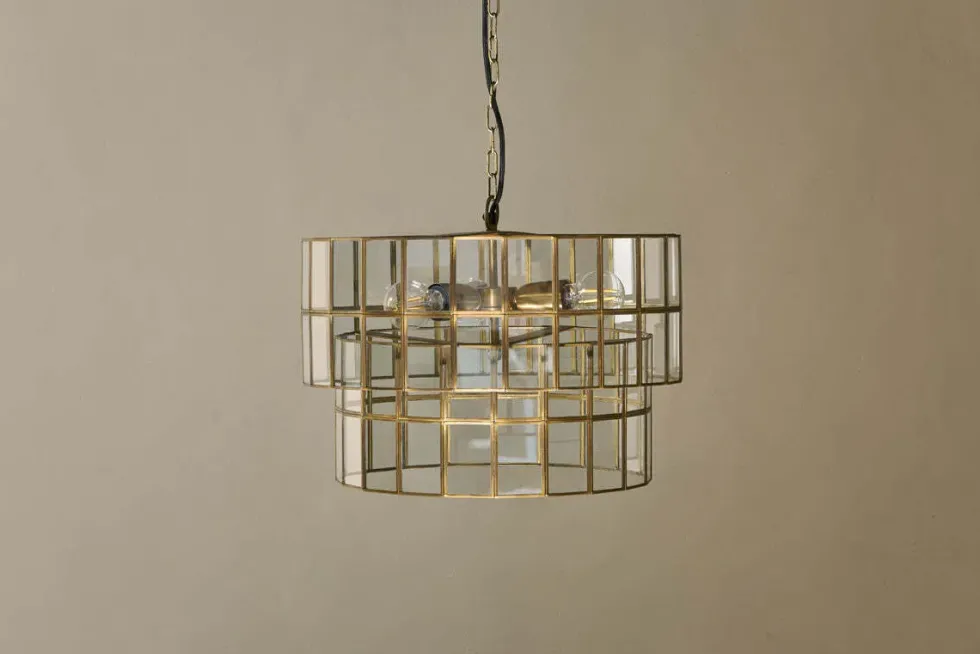 Kirindi Glass Panelled Chandelier - Clear & Antique Brass