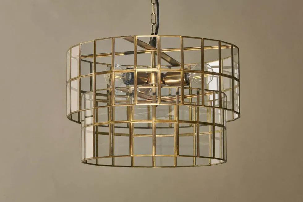 Kirindi Glass Panelled Chandelier - Clear & Antique Brass