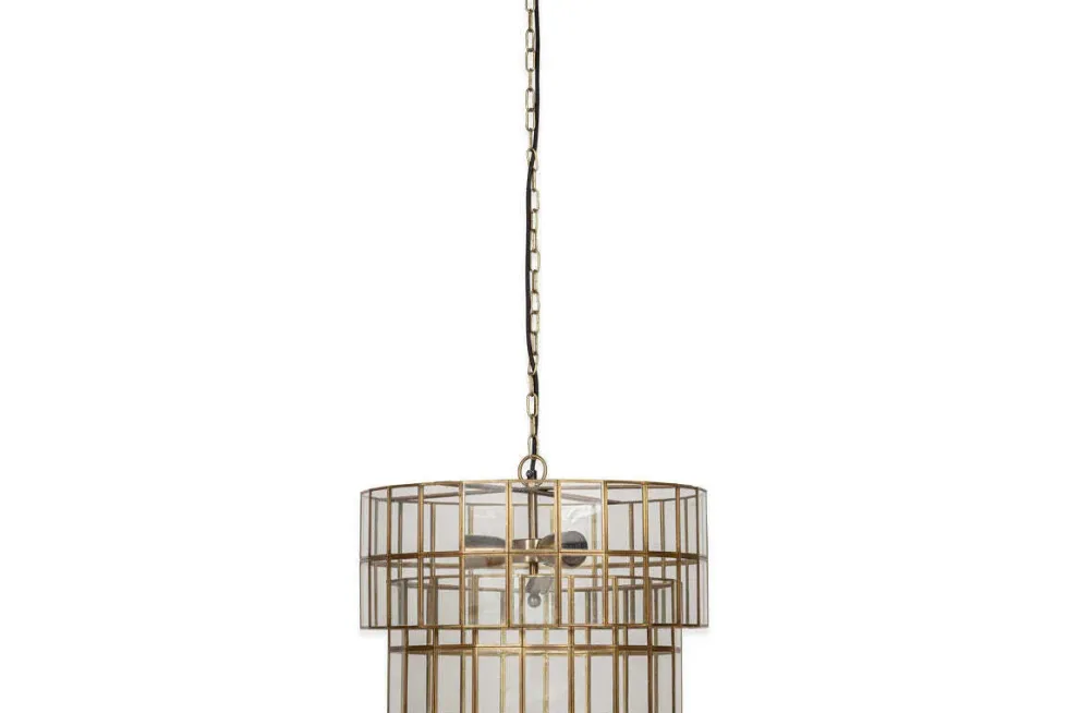 Kirindi Glass Panelled Chandelier - Clear & Antique Brass