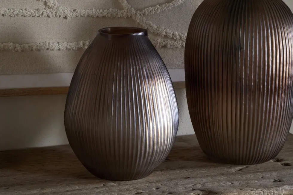 Linsy Ribbed Glass Vase - Smoke Brown