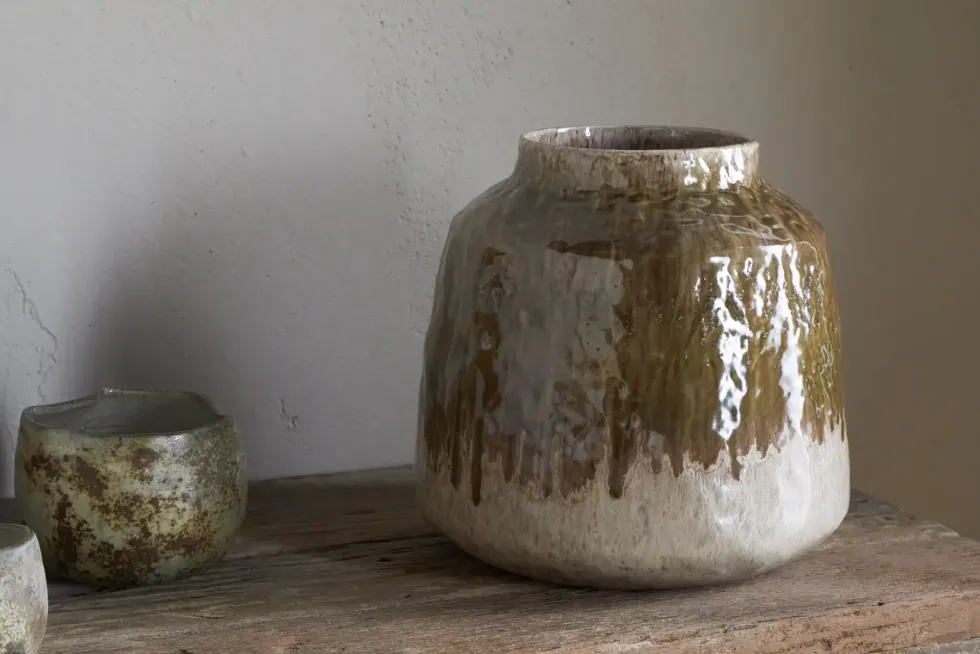 Melina Reactive Glaze Vase - Olive & Natural