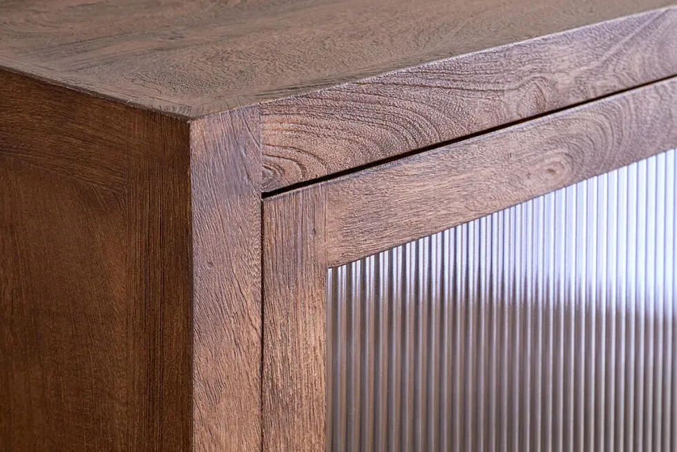 Mendani Mango Wood & Fluted Glass Glass Low Cabinet - Walnut Stain