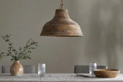Nadi Grooved Wood Pendant - Natural & Antique Brass