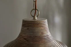 Nadi Grooved Wood Pendant - Natural & Antique Brass