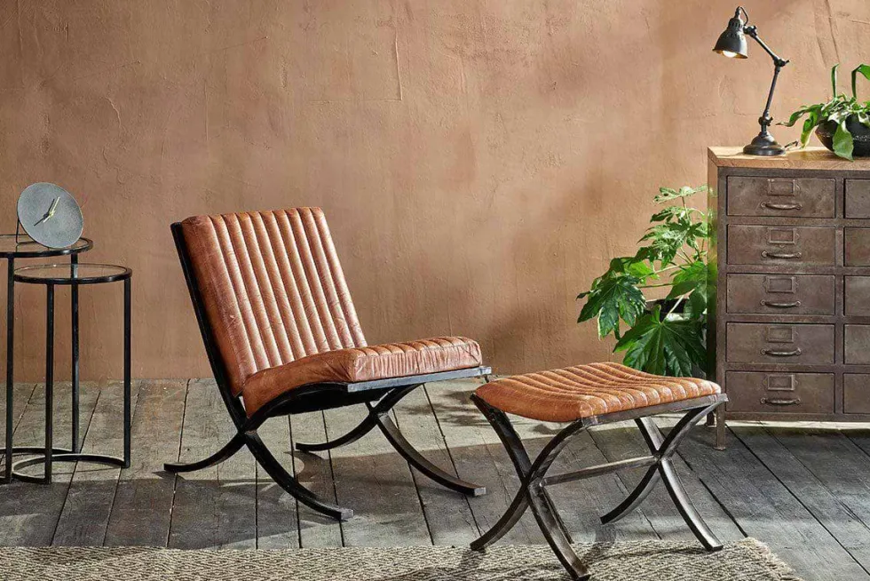 Narwana Ribbed Leather Footstool - Aged Tan