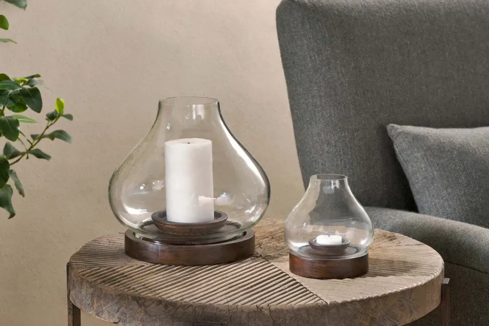 Naryla Mango Wood Lantern - Dark Stain & Clear