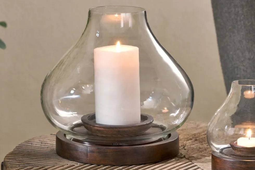 Naryla Mango Wood Lantern - Dark Stain & Clear