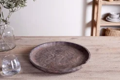 Nyati Mango Wood Etched Round Tray - Dark Brown