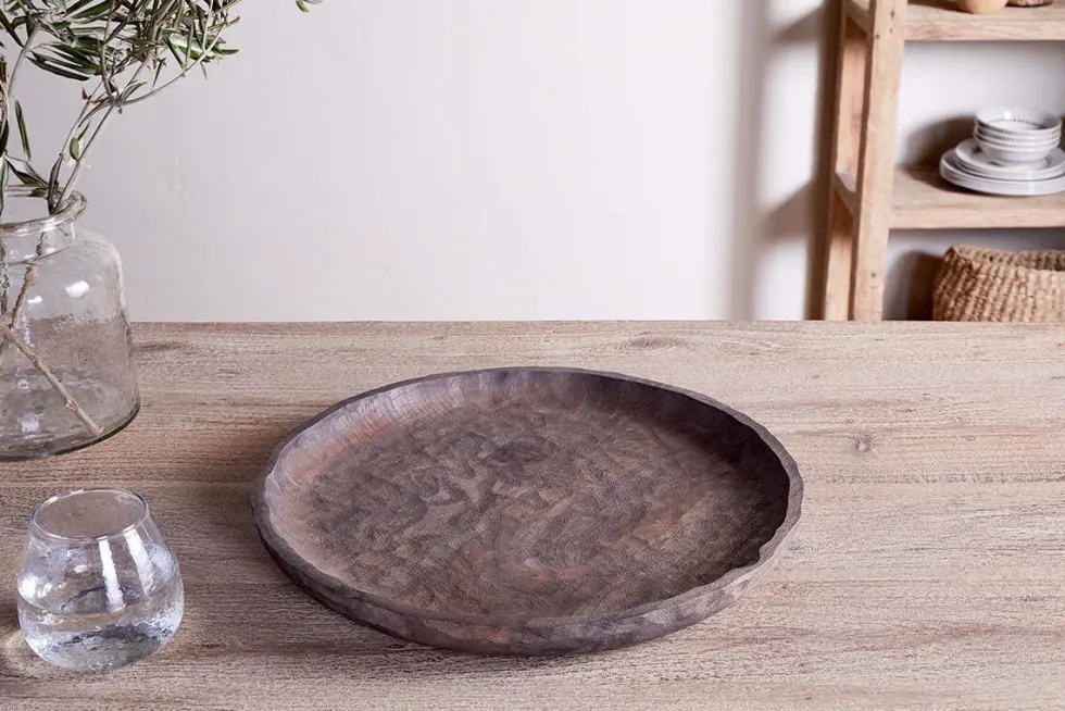 Nyati Mango Wood Etched Round Tray - Dark Brown