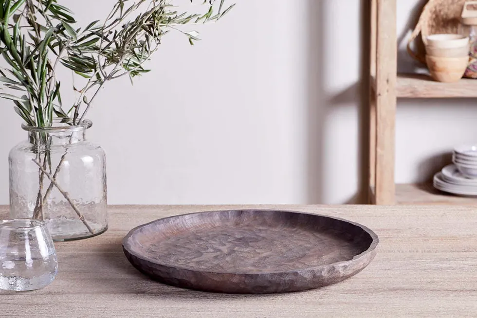 Nyati Mango Wood Etched Round Tray - Dark Brown