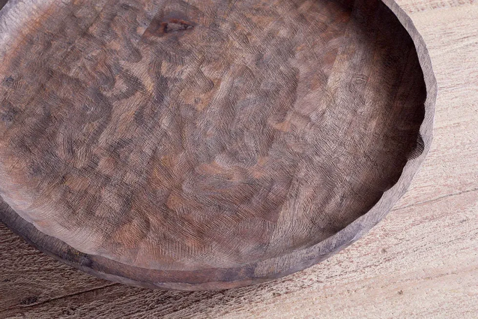 Nyati Mango Wood Etched Round Tray - Dark Brown