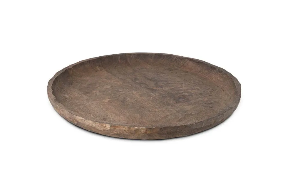 Nyati Mango Wood Etched Round Tray - Dark Brown