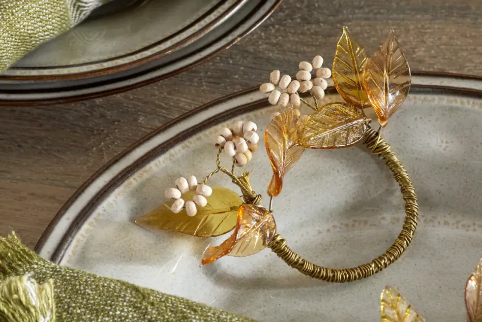 Parili Glass Leaf Napkin Rings - Natural & Rust - (Set of 4)