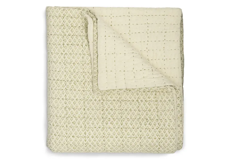 Peplu Cotton & Linen Screen Print Bed Quilt - Sage Green
