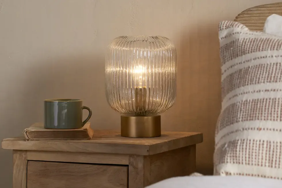 Rizal Fluted Glass Bedside Table Lamp - Antique Brass & Clear