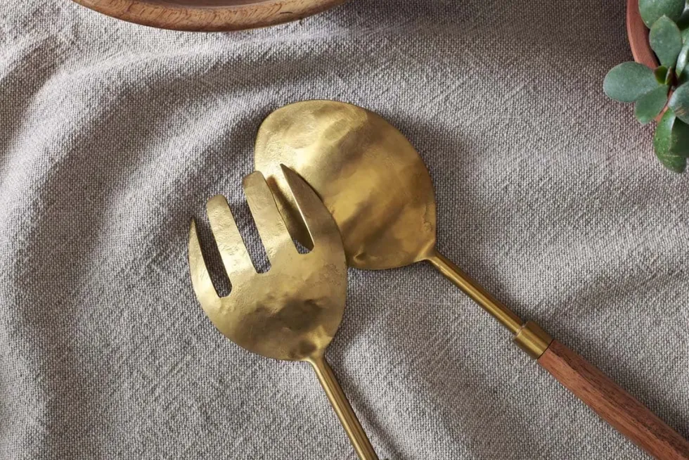 Soni Salad Servers - Gold & Acacia (Set of 2)