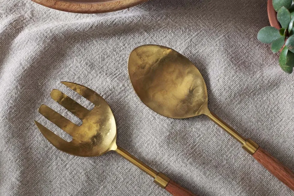 Soni Salad Servers - Gold & Acacia (Set of 2)
