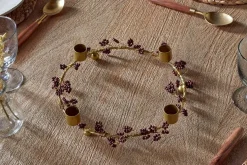 Tanu Mango Wood Beaded Candle Holder - Brass & Ruby