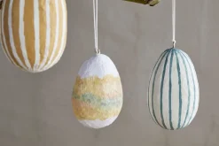 Terra Hand Painted Recycled Cotton Paper Hanging Egg - Teal, Cream & Ochre - (Set of 3)