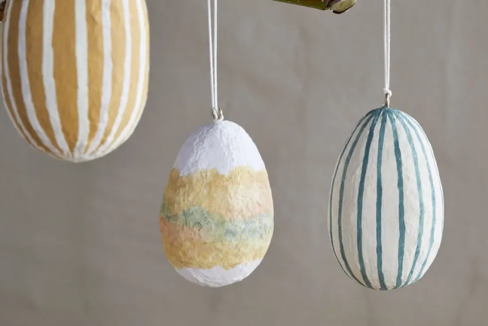 Terra Hand Painted Recycled Cotton Paper Hanging Egg - Teal, Cream & Ochre - (Set of 3)