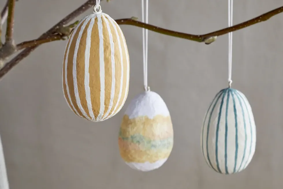 Terra Hand Painted Recycled Cotton Paper Hanging Egg - Teal, Cream & Ochre - (Set of 3)